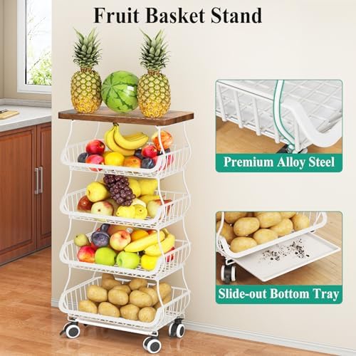 SAYZH 5-Tier Fruit and Vegetable Basket Stand for Kitchen, Wood Top, White - Image 5