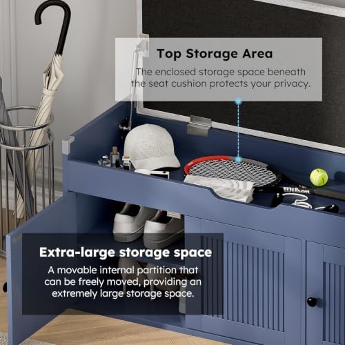 40" Storage Bench - Entryway Shoe Bench with 3 Doors and Top Storage Area, Multifunctional Entryway Bench with Lift Top Cushion, Shoe Storage Bench for Bedroom, Living Room, Navy Blue - Image 5