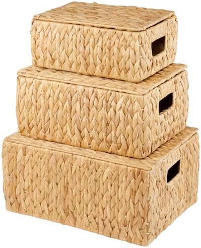 84ECO Set of 3 Wicker Baskets with Lid - Woven Storage Basket with Lid - Decorative Storage Boxes for Bathroom, Bedroom and Shelves by 84ECO
