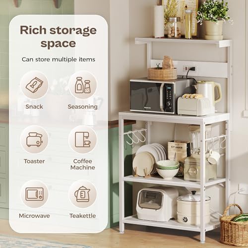 SUPERJARE Kitchen Bakers Rack with Power Outlet, Coffee Bar Table 4 Tiers, Kitchen Microwave Stand with 6 S-Shaped Hooks, Storage Shelf Rack for Spices, Pots and Pans - White - Image 5
