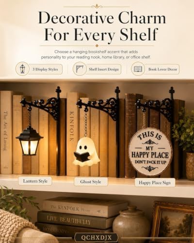 Library Lantern Decorative Bookshelf Lighting, Metal Bookend Shelf Insert with Hanging Lamp, Ghost or Happy Place Sign for Home Library, Reading Nook and Book Lover Decor(Ghost,2pcs) - Image 2