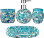 Handmade Blue Mosaic Glass Bathroom Accessory Sets 4PCS Bathroom Accessories Set Complete Includes Lotion Dispenser Toothbrush Holder Tumbler Cup & Vanity Tray by Unknown
