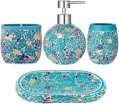 Handmade Blue Mosaic Glass Bathroom Accessory Sets 4PCS Bathroom Accessories Set Complete Includes Lotion Dispenser Toothbrush Holder Tumbler Cup & Vanity Tray by Unknown