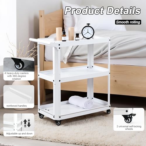 3 Tier Metal Utility Rolling Cart with Wheels, White - Image 4