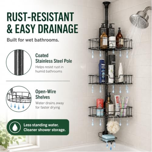 Shower Caddy Tension Pole, 4-Tier Heavy Duty Corner Organizer, 39-125 Inch - Image 5