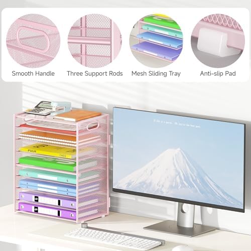 Cawukege 9 Tier Paper Organizer with Handle, Large Capacity Desk Organizer Mesh Paper Letter Tray File Folder Document Sorter for Classroom and Office Accessories Organization- Pink (2 Pack) - Image 4