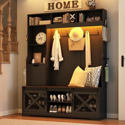 75''H 59''W Large LED Farmhouse Hall Tree with Bench and Shoe Storage,Entryway Bench with Coat Rack,16 Shoe Cubbies & Umbrella Holder and Sock Storage Drawer,Mudroom/Hallway Storages Cabinet(black) - Image 2