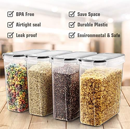 Wildone Cereal Storage Containers Set, Large BPA Free Plastic Airtight Food Storage Containers 4L for Flour, Sugar, 6 Piece Set Cereal Dispensers with 20 Labels & Marker, Black - Image 2