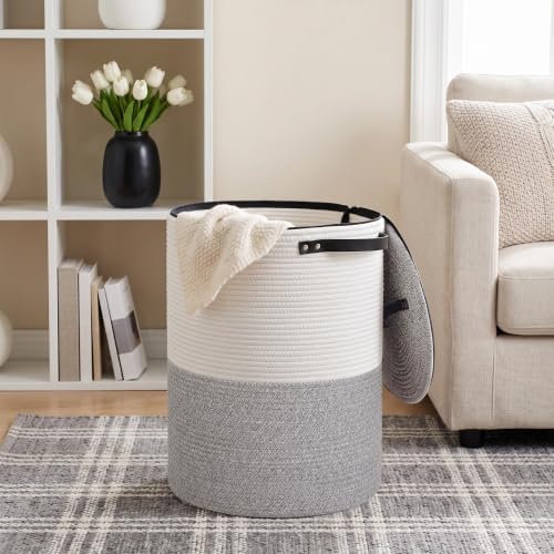 Laundry Basket with Lid, 15"x20" Tall Woven Blanket Storage for Living Room Bedroom, Round Baby Nursery Hamper with Zipper, Toy Bin, Large Cute Covered Clothing Basket for Towels, Shoes, Gray - Image 4