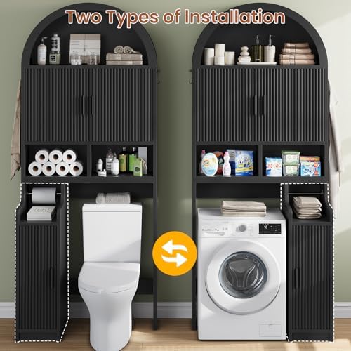 Itaar Arched Over The Toilet Storage Cabinet, 78.7" H Fluted Bathroom Organizer with Reversible Side Cabinet, Adjustable Shelves, Anti-Tipping, Hooks & Paper Holder for Bathroom Laundry Room, Black - Image 5