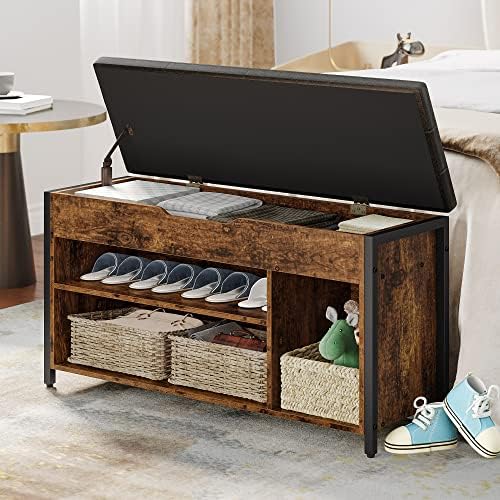 Shoe Bench, Lift Top Shoe Storage Bench, Adjustable Shelf Entryway Bench, Metal and Wood Shoe Rack Organizer with Cushion for Entry, Bedroom, Closet, Living Room, Hallway (Brown, 39.5) - Image 6