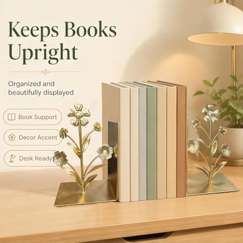 Book Ends Decorative Bookends for Shelves, Floral Bookends Book Stoppers, Elegant Bookshelf Decor Flower Design for Home Office Desk Room Decor - Image 2