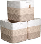 NaturalCozy 13x15x13 Kallax Storage Cubes Bins, 3 Pack | Cotton Rope Cube Storage Bin Woven Baskets for Organizing | Kallax Insert Storage Baskets for Shelves Organizer, Kids Toy, Closet Baby Nursery by NaturalCozy
