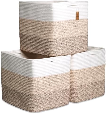 NaturalCozy 13x15x13 Kallax Storage Cubes Bins, 3 Pack | Cotton Rope Cube Storage Bin Woven Baskets for Organizing | Kallax Insert Storage Baskets for Shelves Organizer, Kids Toy, Closet Baby Nursery by NaturalCozy