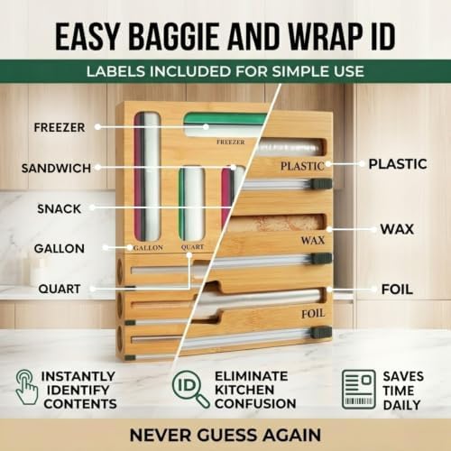 Atlas Lane Supply 9 in 1 Bamboo Storage Bag Organizer for Kitchen Drawer, Bamboo Kitchen Drawer Organizer with Cutter, Foil and Plastic Wrap Dispenser, Storage: Gallon, Quart, Sandwich and Snack Bags - Image 7