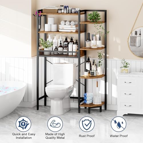 K1 Heavy Duty 7-Tier Over The Toilet Storage（With Basket and Paper Hook）Freestanding Above Toilet Shelf with Adjustable Feet，Space Saver Bathroom Shelves 9.3"D x 33.5"W x 63.8"H，Rustic Brown - Image 5