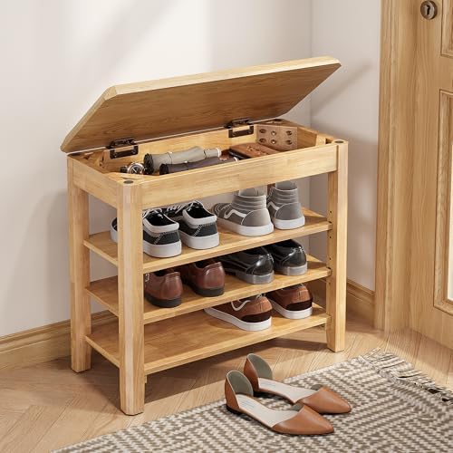 IUNVR Shoe Rack Bench Seat Rubberwood 3-Tier Wooden Storage Bench 550lbs Compact Mid-Century Modern Design for Entryway, Hallway, Closet, Front Door Entrance, Foyer by IUNVR