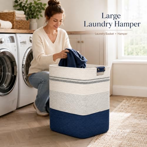 Laundry Hamper, Cotton Rope Laundry Basket with Leather Handles, 25.1-Gallon/95 L Large Clothes Hampers for Laundry, Woven Laundry Baskets for Blankets, Clothing, Bedroom, Living Room, Nursery - Image 4