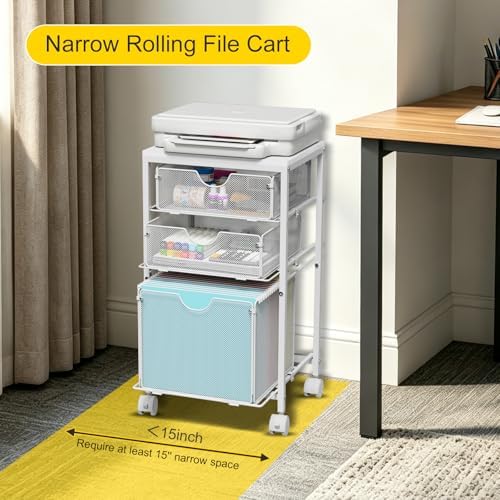 BOHDK Rolling File Cart with 3 Storage Drawers, Wood & Mesh Hanging File Folder Organizer with Wheels Under Desk, File Cabinets for Home Office, 11.81" D x 14.8" W x 25.39" H, White - Image 5