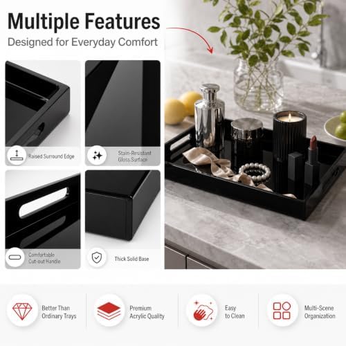 Black Tray 16x12” with Cut Handles - Large Plastic Tray for Ottoman Coffee Table, Kitchen, Office & Serving Guests - Modern Countertop Organizer & Ideal Decorative Tray - Image 5