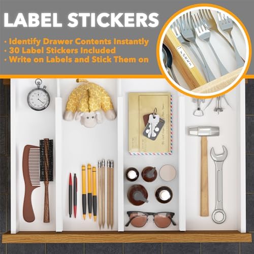 SpaceAid 4 Pack Bamboo Drawer Dividers with Labels, Kitchen Adjustable Drawer Organizers, Expandable Organization for Home Clothes Dressers (17-22 in, White) - Image 4