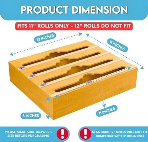 Bamboo Aluminum Foil Organizer & Plastic Wrap Dispenser with Cutter for 11" Rolls - 4 in 1 Parchment, Wax Paper & Saran Wrap Holder - Tin Foil Wrap Organizer for Kitchen Drawer, Countertop & Pantry - Image 2