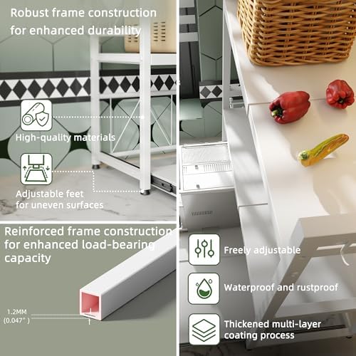 NETEL Expandable Microwave Stand,3 Tier Metal Kitchen Countertop Organizer Shelves with 8 Hooks,Bakers Rack,Pull-Out Microwave Shelf,Metal Storage Shelves,110lbs Weight Capacity,White - Image 5