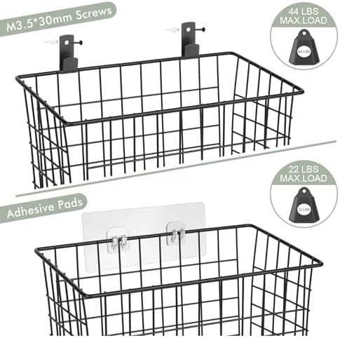 Wall Hanging Baskets, 3 Wooden Wire Bins with Hooks & Adhesive Mount(Large) - Image 5