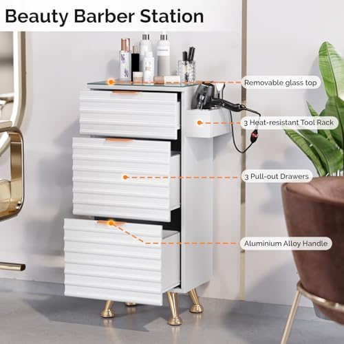 Professional Salon Station with Tempered Glass Top, 3 Drawers Hair Stylist & Barber Storage Cabinet with Heat Resistant Tool Holders, Beauty Spa & Home Organizer, White - Image 3