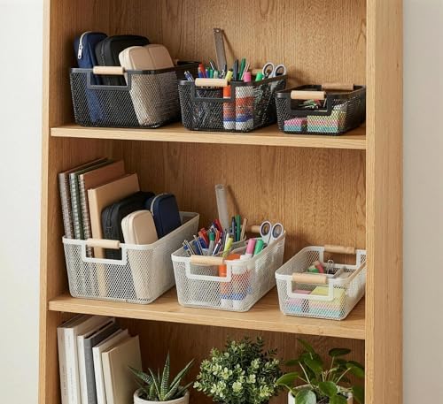 2-Pack Metal Mesh Basket, Large Wire Storage Organizer with Wood Handle for Kitchen Pantry, Bathroom, Cabinet, Closet, Picnic & Home Organization, Large, White - Image 7