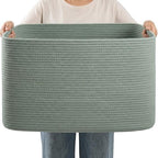 75L Green Cotton Rope Storage Basket, Large Rectangle Laundry Hamper with Handles, 22”x17”x12” Woven Blanket and Toy Basket for Living Room, Bedroom and Nursery by Hobasket