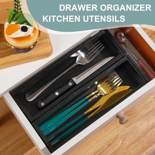 Uiifan Bamboo Drawer Organizer Black 10 x 3 x 2'' Stackable for Kitchen - Image 4