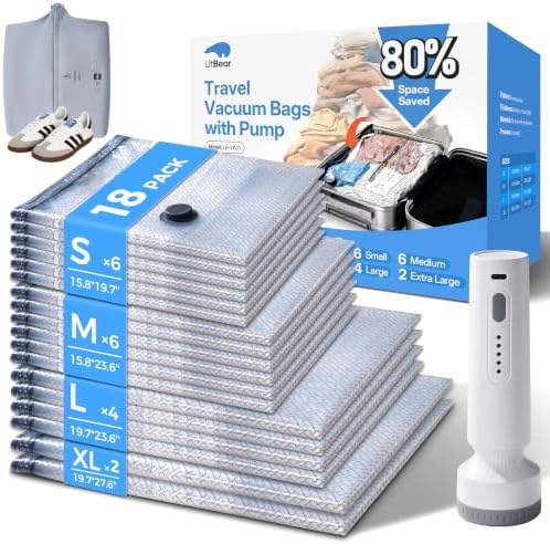 Litbear Travel Vacuum Bags with Cordless Electric Pump, 18 Pack 4 Sizes by LitBear