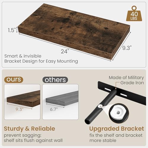 Fun Memories Floating Shelves 24 Inch Long, 9.3 Inch Deep Floating Shelf for Lving Room, Bedoom, Kitchen, Deep Wall Shelves for Bathroom, 2 Pack Storage Display Shelf for Books, Decors, Rustic Brown - Image 3