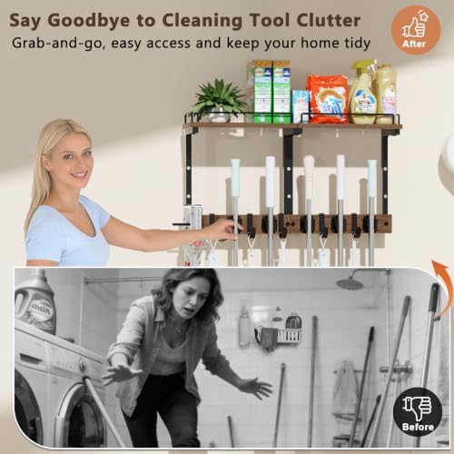 Broom and Mop Organizer Wall Hanging with Cleaning Supplies Organizer, Dark - Image 5