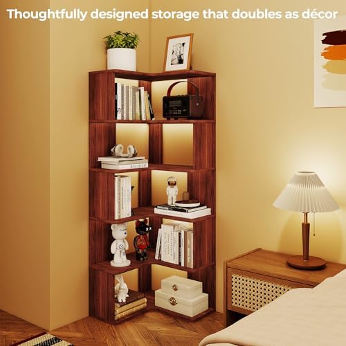 6-Tier L-Shaped Corner Bookshelf, 63" Tall Freestanding Wood Grain Corner Bookcase with Safety Baffle, Space-Saving Corner Shelf Storage for Living Room, Bedroom, Home Office, Walnut - Image 6