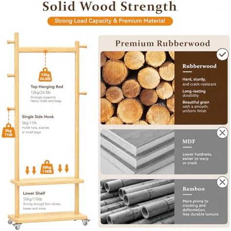 Taitiy Coat Rack Freestanding Solid Wood Clothes Rack with Wheels - Image 2