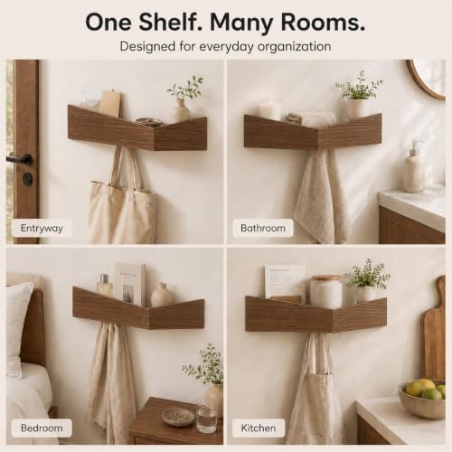 Coat Rack Wall Mount with Hidden Hooks,Wall Hooks with Shelf Wooden Decorative Coat Hook Hat Rack Entryway Key Holder Organizer Tray for Kitchen Bathroom Towels Clothes Hanger - Image 7