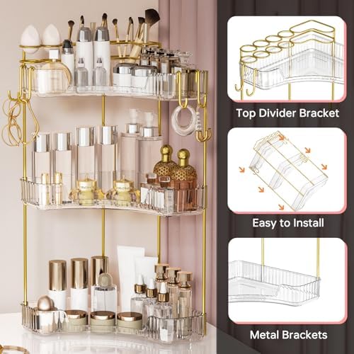 3-Tier Corner Bathroom Counter Organizer，Makeup & Skincare Shelf with Built-in Brush Holder，Space-Saving Bathroom Countertop Organizer for Skincare, Perfume, Cosmetics(Clear) - Image 3
