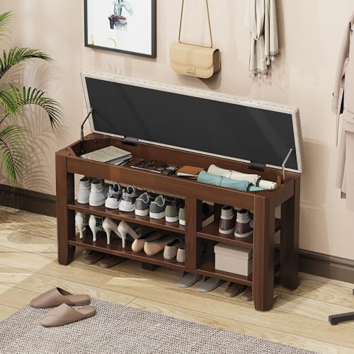 Shoe Bench for Entryway, Solid Rubberwood Shoe Bench with Hidden Storage, Adjustable 2-Tier Shelves & Soft PU Leather Seat, Shoe Rack Durable Easy Assembly for Hallway or Bedroom - Beige, 39.4" - Image 2