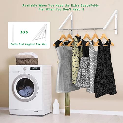 Laundry Room Drying Rack Wall Mounted Clothes Hanger Folding Wall Coat Racks Aluminum Home Storage Organiser Space Savers White 2 Rakcs with Rod - Image 2