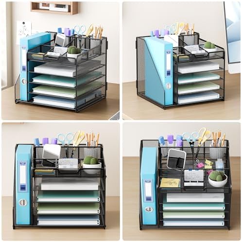 Lavatino Desk Organizer, 5-Tier Metal Mesh Paper Letter Tray with 1 File Holders & 7 Flexible Dividers for Office or Home Desk Organizers and Accessories, Keep Workspace Supplies Neat, Black - Image 4