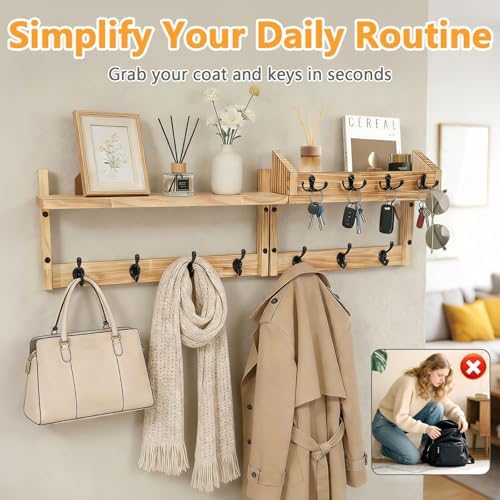 29" Coat Rack Wall Mount with Shelf,2Pcs Heavy Duty Coat Hooks Wall Mount with Shelf & Key Hooks,Farmhouse Wall Organizer for Living Room, Bedroom, Bathroom,Hats, Clothes, Backpacks - Image 5