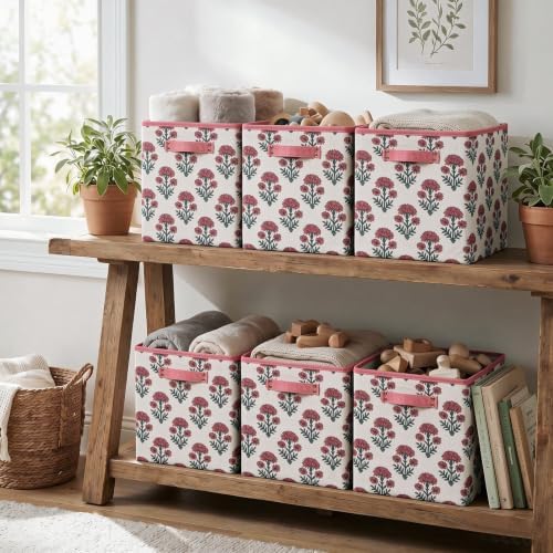 6 Pcs Fabric Floral Cube Storage Bins 11 Inch Flower Storage Basket with Handle, Linen Collapsible Fabric Box for Classroom Bedrooms Office Home Decoration (Pink indian flowers) - Image 6