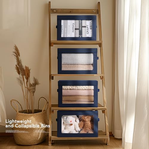 Homsorout Organizing Bins with Lid - 4 Pack Foldable Clear Window Storage Bins, Large Storage Boxes with Handles, Storage Containers for Clothes, Towel, Blanket, Sheet, Navy Blue - Image 4