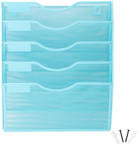 EASEPRES 5 Pocket Mesh Hanging Wall File Organizer, Wall Mounted Mail Paper Document Folder Holder, Clipboard Storage Organization Magazine Rack with Nametag Label for Office Home School, Blue - Image 5