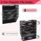 5-Tier Magnetic File Holder, No Drilling Wall File Organizer, File Folder Bins, Mail & Magazine Rack, Magnetic Paper Document Holder for Refrigerator File Cabinets Whiteboard, Black - Image 2