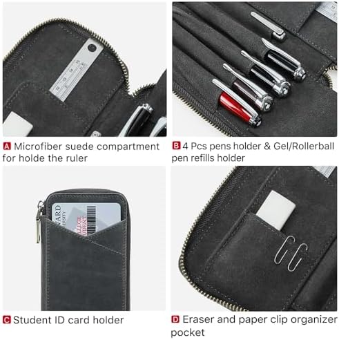 CONTACTS Full Grain Leather Pencil Case Handmade Vintage Zipper Pen Holder Pouch with Card Slot Pens Organizer Pockets Stationery Bag for Men and Women (Grey) - Image 3