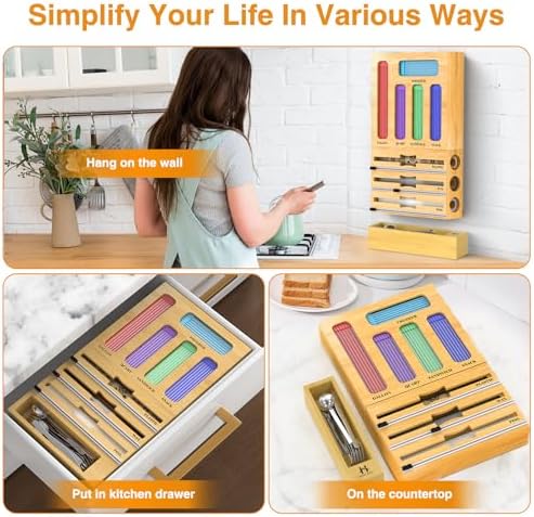 Storage Bag Organizer for Kitchen Drawer, 9 in 1 Foil and Plastic Wrap Dispenser with Cutter, Bamboo Plastic Baggie Organizer for Gallon, Quart, Sandwich, Snack & 12"" Rolls, Orange - Image 6