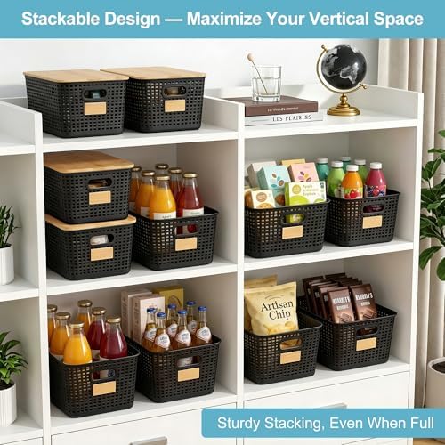 Bagnizer 2 Pack Tall Plastic Storage Bins with Bamboo Lids, 10.8qt Stackable Storages Baskets for Organizing Desktop Closet Playroom Classroom Office, 12"L x 8.3"W x 6.1"H, Black - Image 3